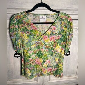 LaRoque Original Watercolor Floral Printed V Neck Blouse Preppy Classic Timeless